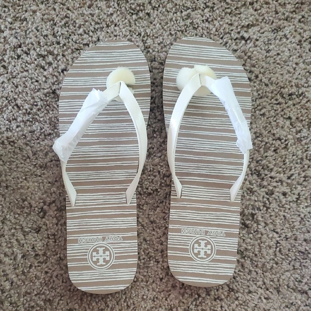 Tory Burch Tan and Cream Striped Sandals